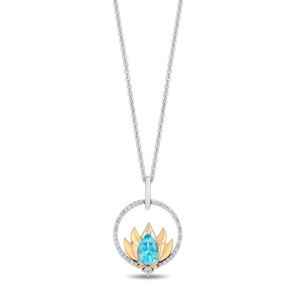 Enchanted Disney Fine Jewelry 14K Yellow Gold Over Sterling Silver with 1 6 CTTW Diamonds and Swiss Blue Topaz Jasmine Pendant Necklace For Sale