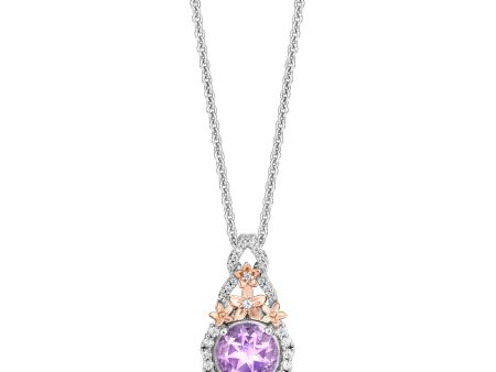 Enchanted Disney Fine Jewelry 14K Rose Gold Over Sterling Silver with 1 5 CTTW Diamonds and Rose de France Rapunzel Pendant Necklace For Sale