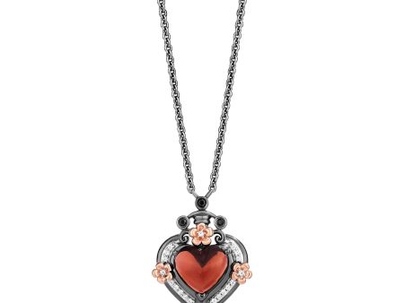 Enchanted Disney Fine Jewelry Black Rhodium Over Sterling Silver and 10K Rose Gold with 1 10 CTTW Diamonds and Heart Garnet Evil Queen Pendant Necklace Sale