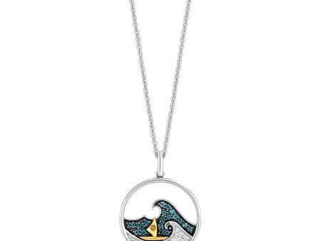 Enchanted Disney Fine Jewelry Sterling Silver and 10K Yellow Gold with 1 10 CTTW Diamonds and London Blue Topaz Moana Wave Pendant Necklace For Discount