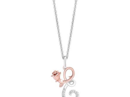 Enchanted Disney Fine Jewelry Sterling Silver and 10K Rose Gold with 1 20 CTTW Diamonds Alphabet  E  Belle Pendant Necklace Discount