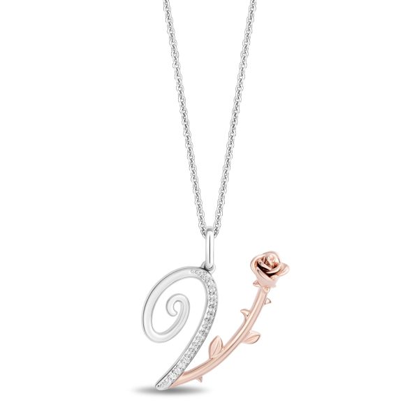 Enchanted Disney Fine Jewelry Sterling Silver and 10K Rose Gold with 1 20 CTTW Diamonds Alphabet  V  Belle Pendant Necklace Online Sale