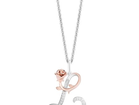 Enchanted Disney Fine Jewelry Sterling Silver and 10K Rose Gold with 1 20 CTTW Diamonds Alphabet  L  Belle Pendant Necklace For Discount