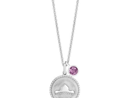 Enchanted Disney Fine Jewelry Sterling Silver with Checkerboard Created Pink Sapphire Aurora Crown Pendant Necklace on Sale