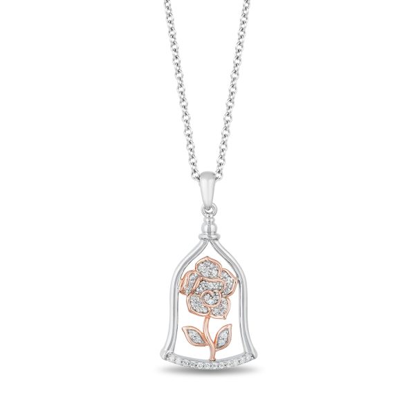 Enchanted Disney Fine Jewelry 14K Rose Gold Over Sterling Silver with 1 10 CTTW Diamonds Belle Rose Jar Pendant Necklace Online Hot Sale