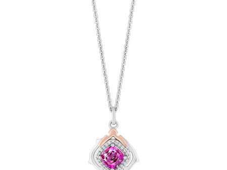 Enchanted Disney Fine Jewelry 14K Rose Gold Over Sterling Silver with 1 10 CTTW Diamonds and Created Pink Sapphire Aurora Pendant Necklace Cheap