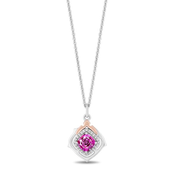 Enchanted Disney Fine Jewelry 14K Rose Gold Over Sterling Silver with 1 10 CTTW Diamonds and Created Pink Sapphire Aurora Pendant Necklace Cheap