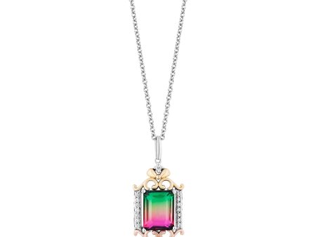 Enchanted Disney Fine Jewelry Sterling Silver, 10K Rose Gold and Yellow Gold with 1 10 CTTW Diamonds and Watermelon Quartz Cinderella Step Sister Pendant Necklace Online Sale