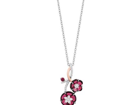 Enchanted Disney Fine Jewelry Sterling Silver and 10K Rose Gold with 1 6 CTTW Diamonds and Garnet Mulan Flower Pendant Necklace Sale