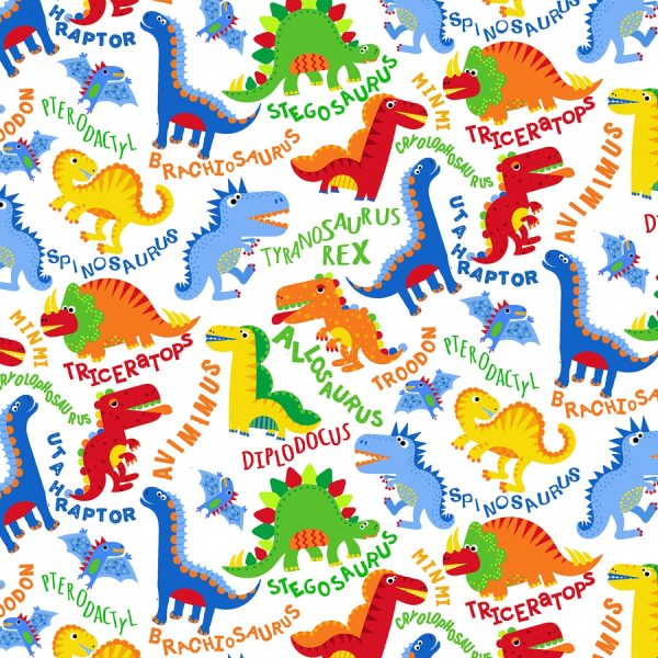 Dino Dinosaurs Gail White Fabric by the yard on Sale