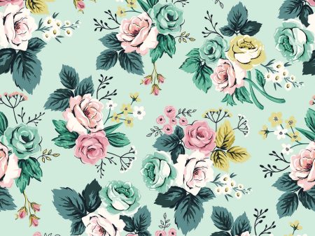 Splendor Mint Roses Floral Fabric by the yard on Sale