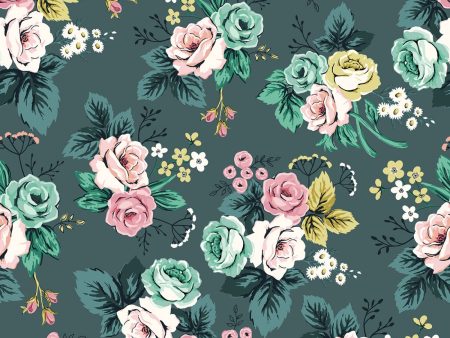 Splendor Teal Roses Floral Fabric by the yard on Sale