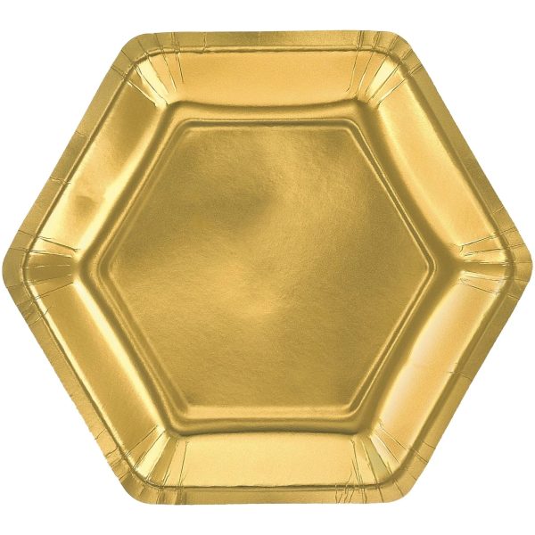 Gold Metallic Hexagonal Paper Plates 9in 8pcs For Discount