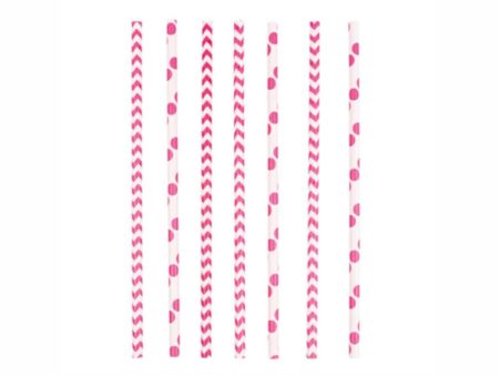 Dots & Chevron Bright Pink Paper Drinking Straws 24pcs Cheap